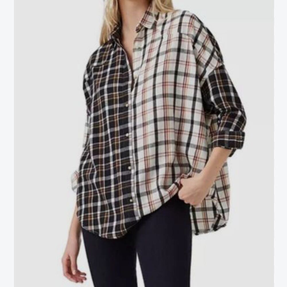 French Connection Panita Organic Check Pop Over Shirt Cream Black Cotton Top M